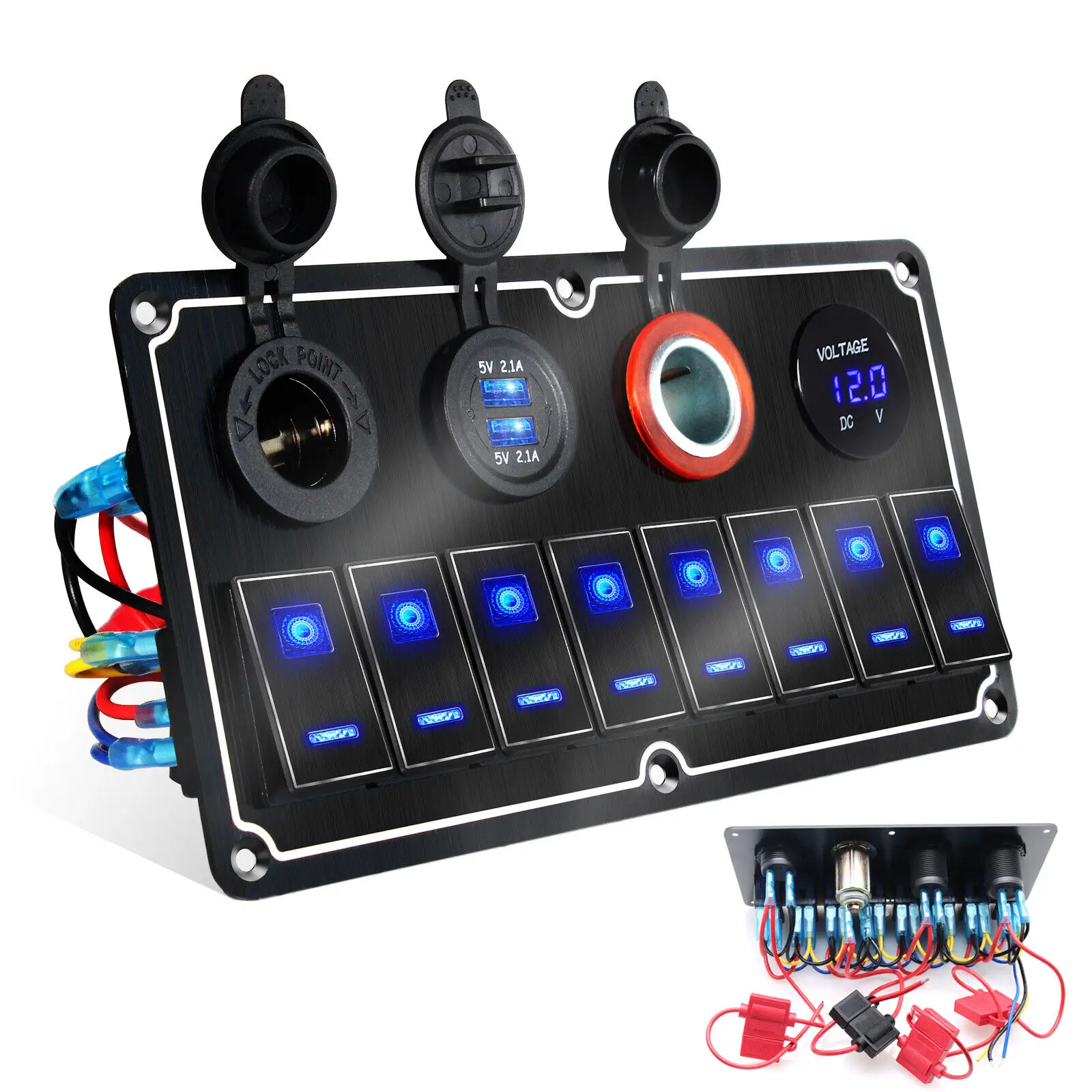 Pannello Interruttori A Levetta 8 Gang 12V/24V IP67 Impermeabile Con Doppia USB E Voltmetro - Per Barca, Auto, Camper, Yacht