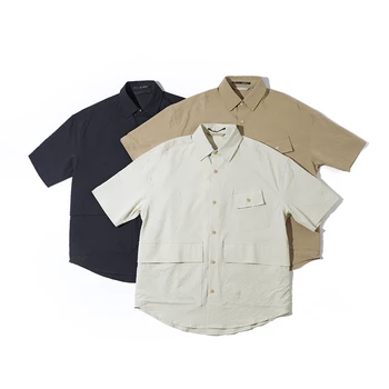 Vintage Solid Colour Lapel Short Sleeve Shirt Summer Genderless Casual Loose Five Sleeve