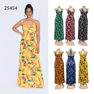 New Wholesale Women's Summer Fashion Printed V-neck Strap Backless High Waist Pleated Dress