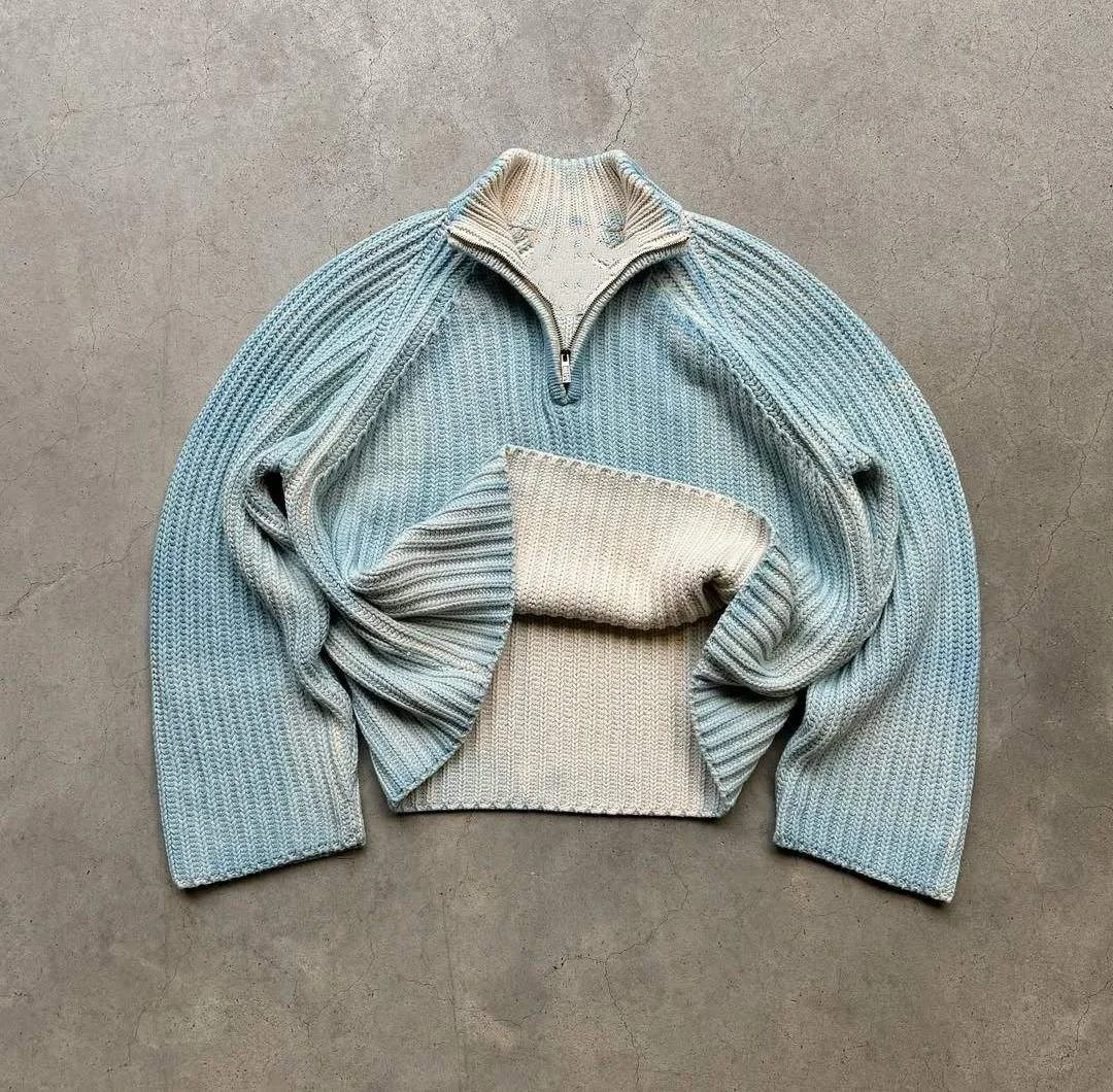 Knitwear Manufacturers Custom Design Logo Ribbed Vintage Acid Wash Knitted Jumper Streetwear Pull Homme Half Zip Sweater Men gallery 4