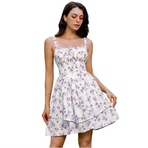 2025 European and American Summer Sexy Waist Cinching Floral Sleeveless Suspender Dress