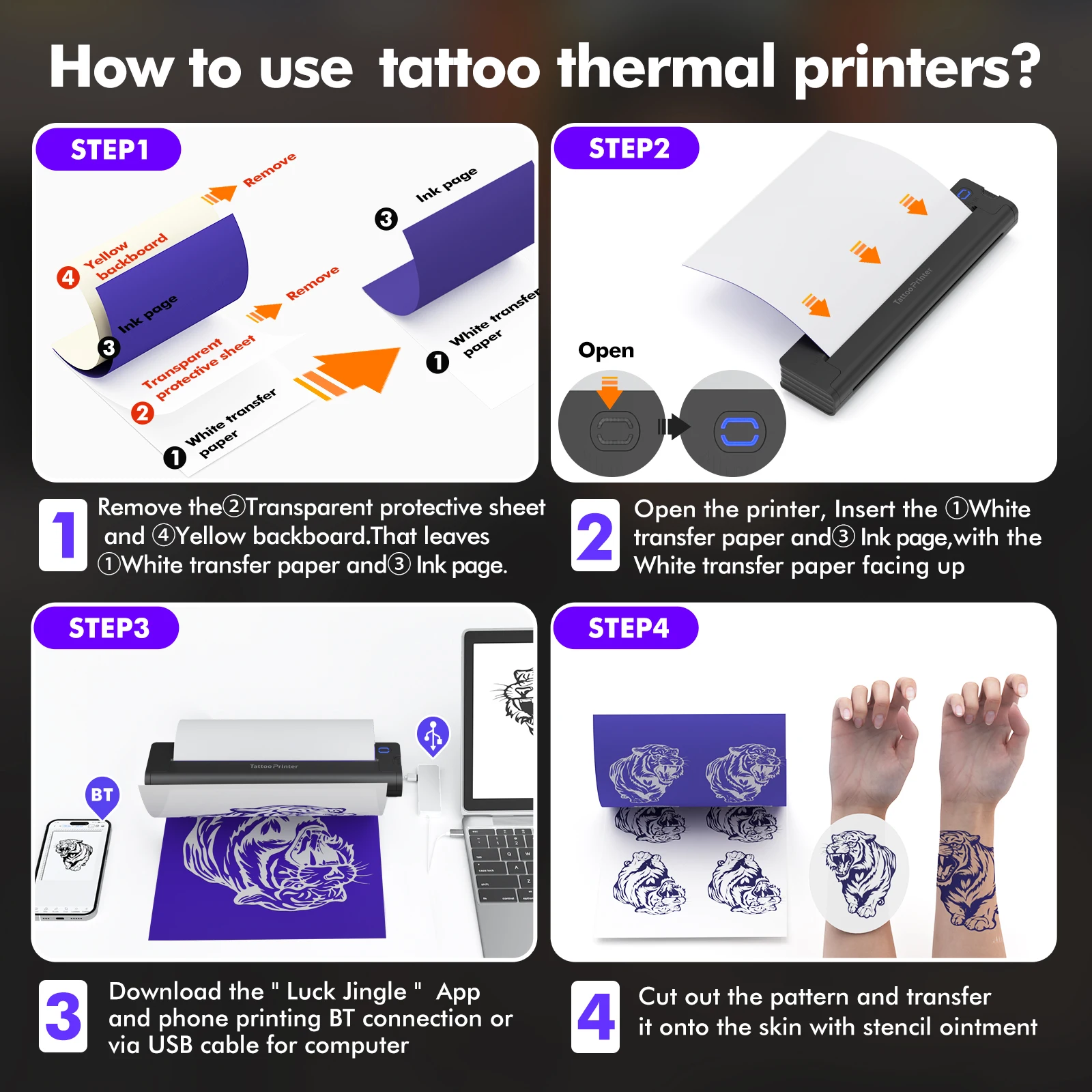 LUCK JINGLE Thermal Tattoo Stencil Printer Impresora Tattoo Machine Compatible for Phone and Computer5