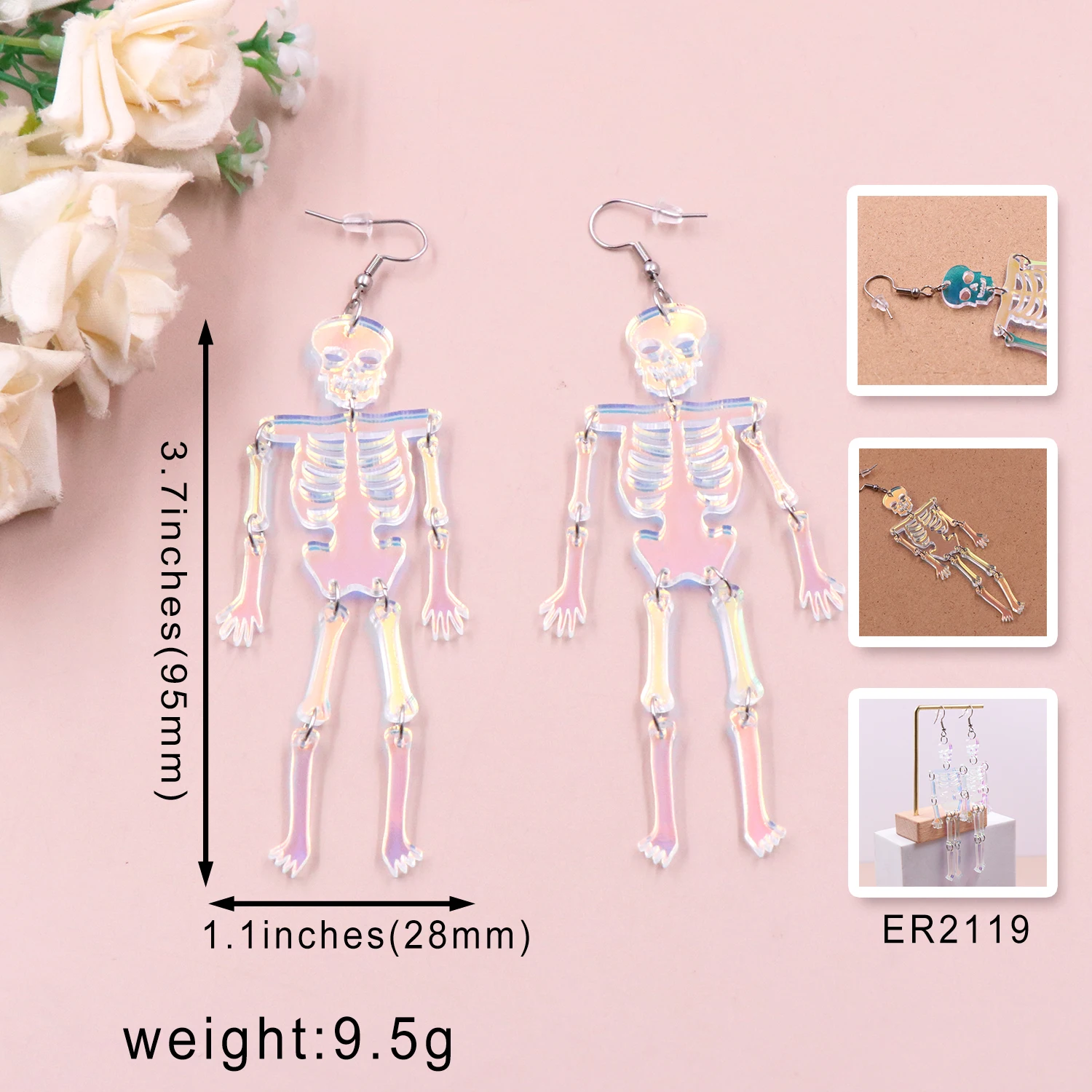 MD105ER2119 1pair New product CN Drop skeleton iridescent TRENDY halloween Acrylic Earrings stainless steel Jewelry for women factory