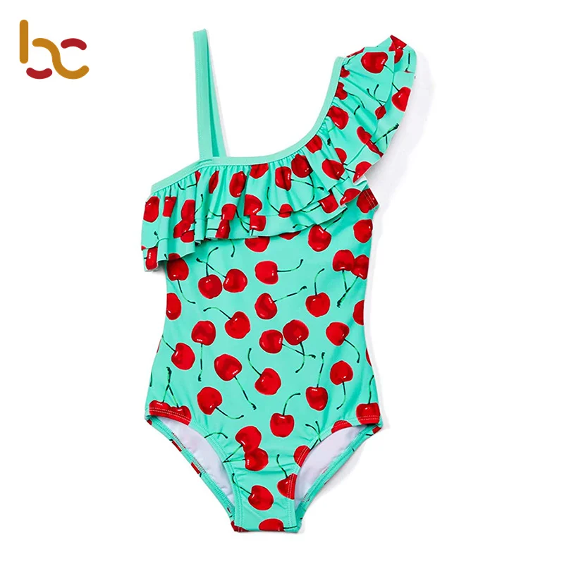 2022 Bikini Fashion One Shoulder Teen Bathinig Suit Ruffle-Strap Swimsuit Kids Girls One Piece Swimwear factory