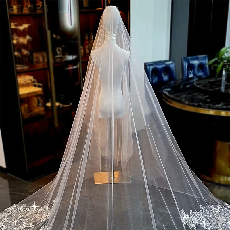 Заводская изготовленная на заказ Хрустальная вышивка бисером уникальная кружевная прозрачная свадебная вуаль Роскошная