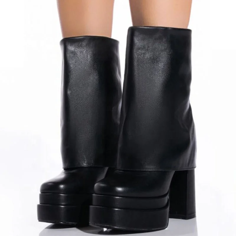 Trendy Short Overlay Platform Booty Chunky High Heels Ankle Boots for Women Square Toe Folded Over Shoes