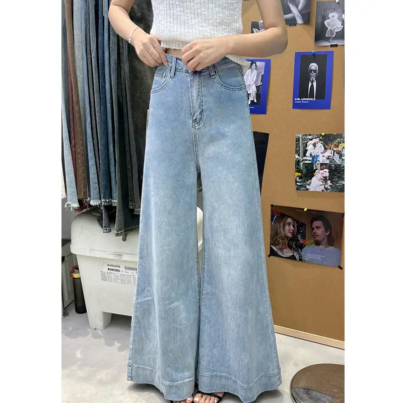 Blå vintage-jeans med utvidet ben, høy midje, løst sitte, for kvinner, raskt tørkende sandvasket jeans til høsten, langs til gulvet