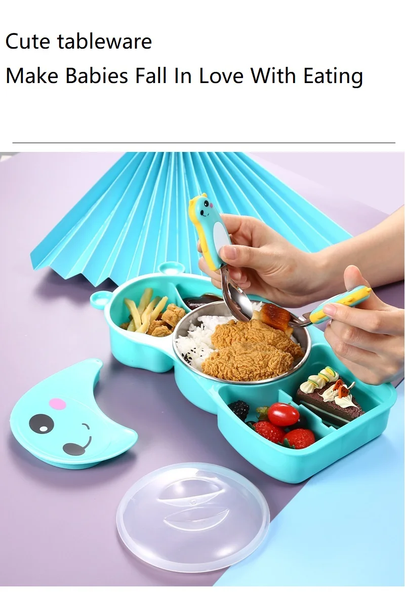 304 children cartoon pig bear dinner plate set stainless steel baby food supplement spoon and fork baby split lunch box