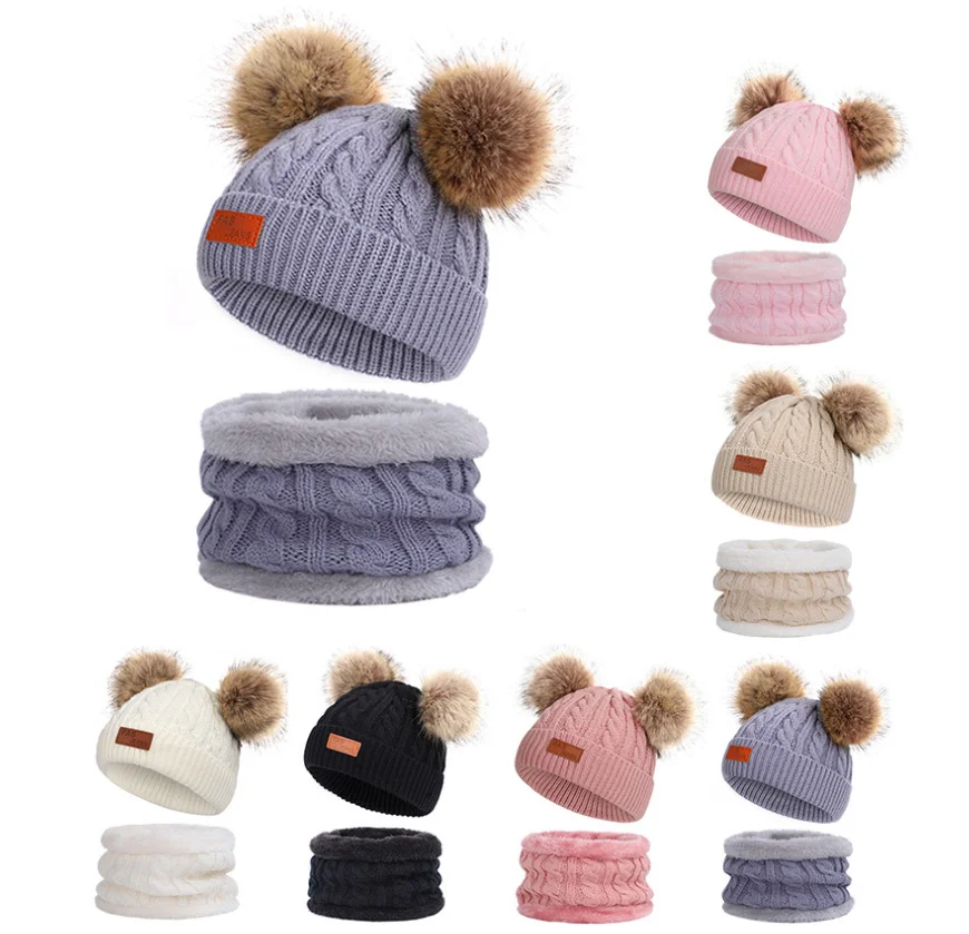 B1221 Infant Toddler Beanies 2pcs 0-10 Years Knit cap Bib New Winter Warm Knit Pompom Beanie Scarf Hat Sets for Kids