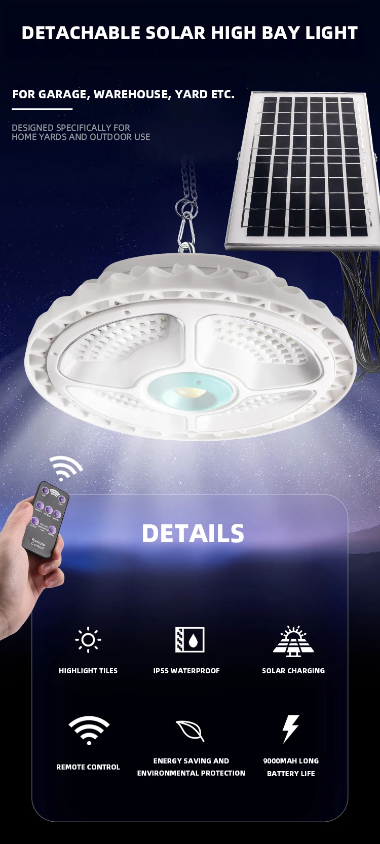 New Design IP55 Stock Solar Charging Light Highbay Warehouse Led Yard UFO Led Ceiling Light Outdoor High Bay Light details