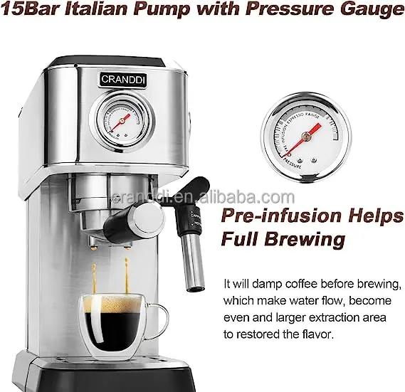 CRANDDI Coffee Machine Espresso With pressure meter Home Business Stainless Steel Machine