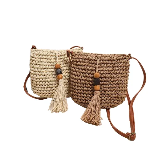 New Vacation Style Beach Bag Straw Woven with Wooden Bead Tassel Packaging Textile Bags