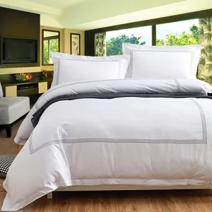 Hot Sale 100% Cotton Designer King Size Bed Sheet Set 5 Star Embroidery 4 Piece White Linen 300Tc Hotel Bedding Set