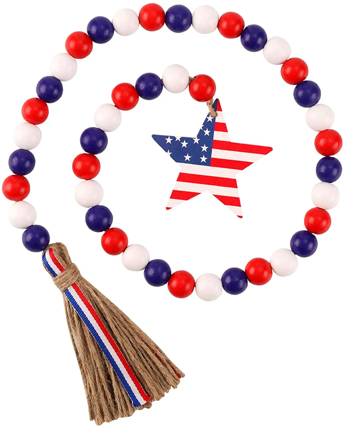 Handmade Patriotic Stars & Stripes Wood Bead Garland 