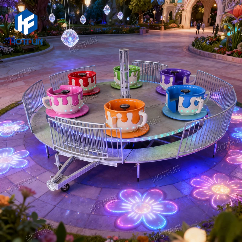 Hotfun Factory Price Amusement Park Rides Games Carnival Games Electric Coffee Cups Tea Cup Kiddie Ride with Trailer for Sale