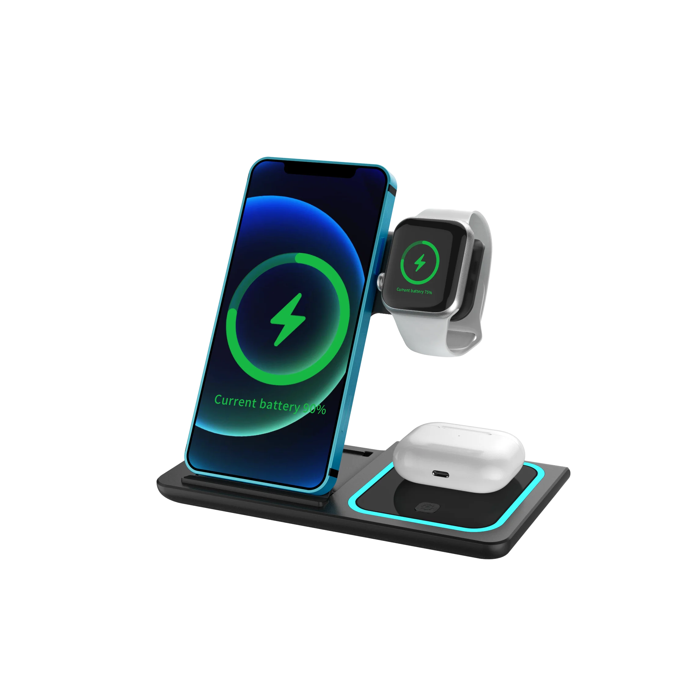 2023 Most Popular 3 in 1 Foldable Phone Stand Wireless Charger With Dual Coils for Mobile Phone Charging/Earphone/Smart Watch