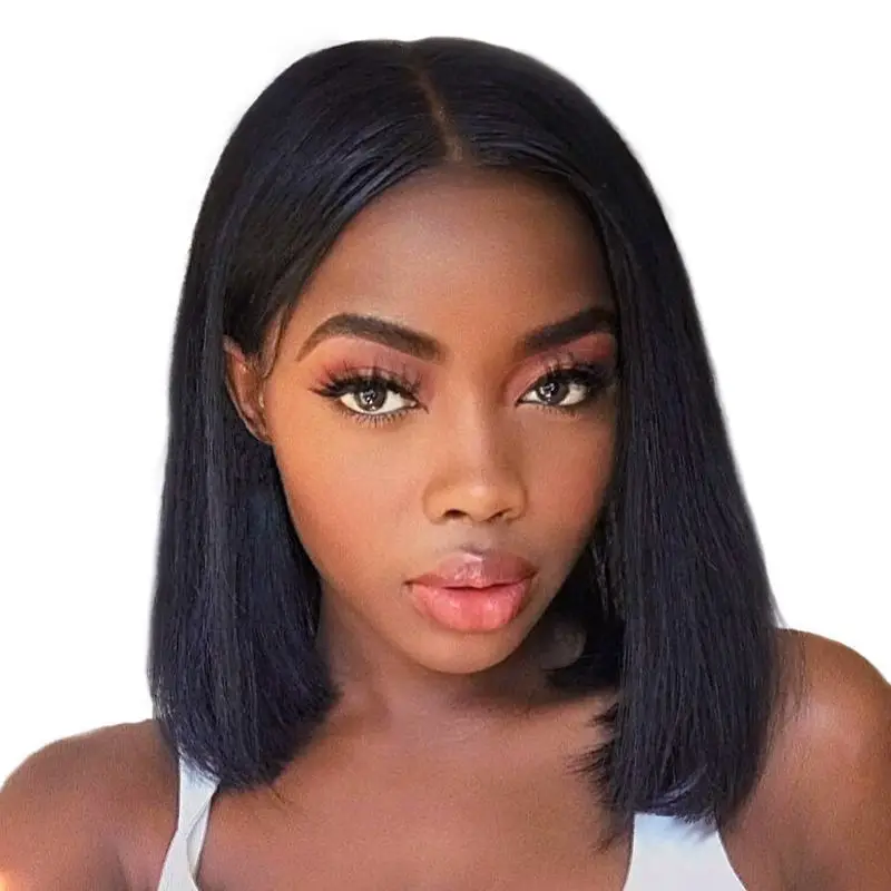 European and American Women's Short Straight Black Wig Middle Part Front Lace Rose Net Hair Set Made of Chemical Fiber
