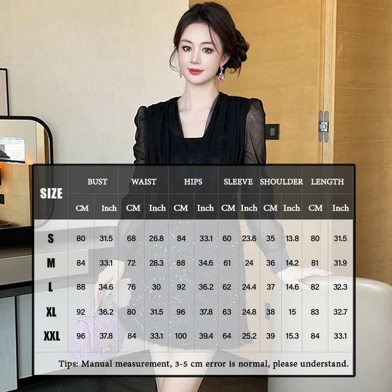 ZYHT 9915 Spring Autumn Woolen Dress Western Style Sequined Fur New Elegant Puff Sleeve Black Cocktail Party Dresses