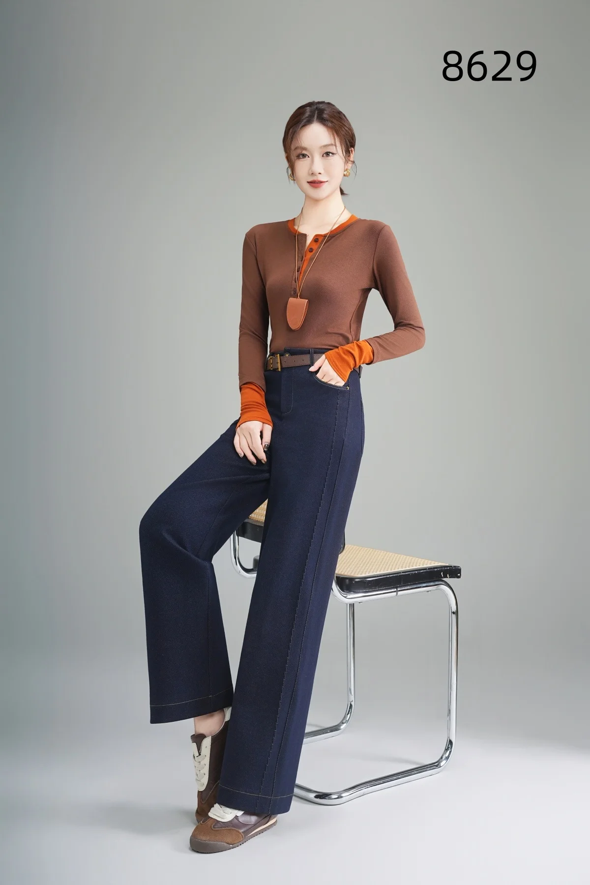 Lady's High-Waisted Wide-Leg Fall/Winter Office Pants Breathable Plain Dyed Solid Color Long Zipper Fly Anti-Wrinkle Wear a Belt