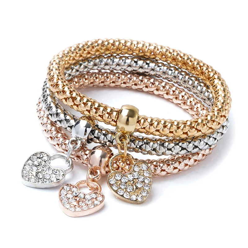 Cute Elastic Popcorn Bracelet With Crystal Gemstone Gold Elephant Anchor Metal Charm Bracelet Jewelry