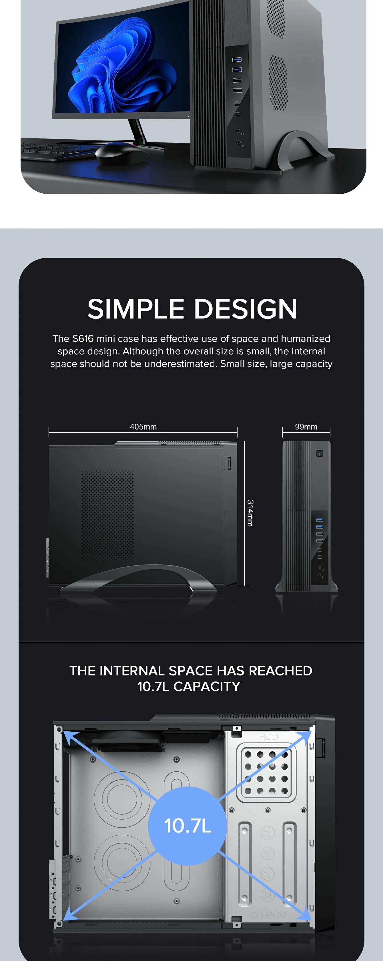 Mini Tower Desktop Chassis with Type-C Port Supported