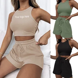 2026 Summer Cross-border Fashion Casual Short 2-piece Set for Women Sleeveless Waffles Suit Solid Color Vest Knee Length Top