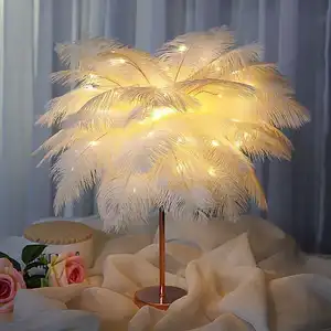 Decoration Desk Night Lamp Bedroom Bedside Led White Pink Ostrich Feather Table Night Light for Living Room