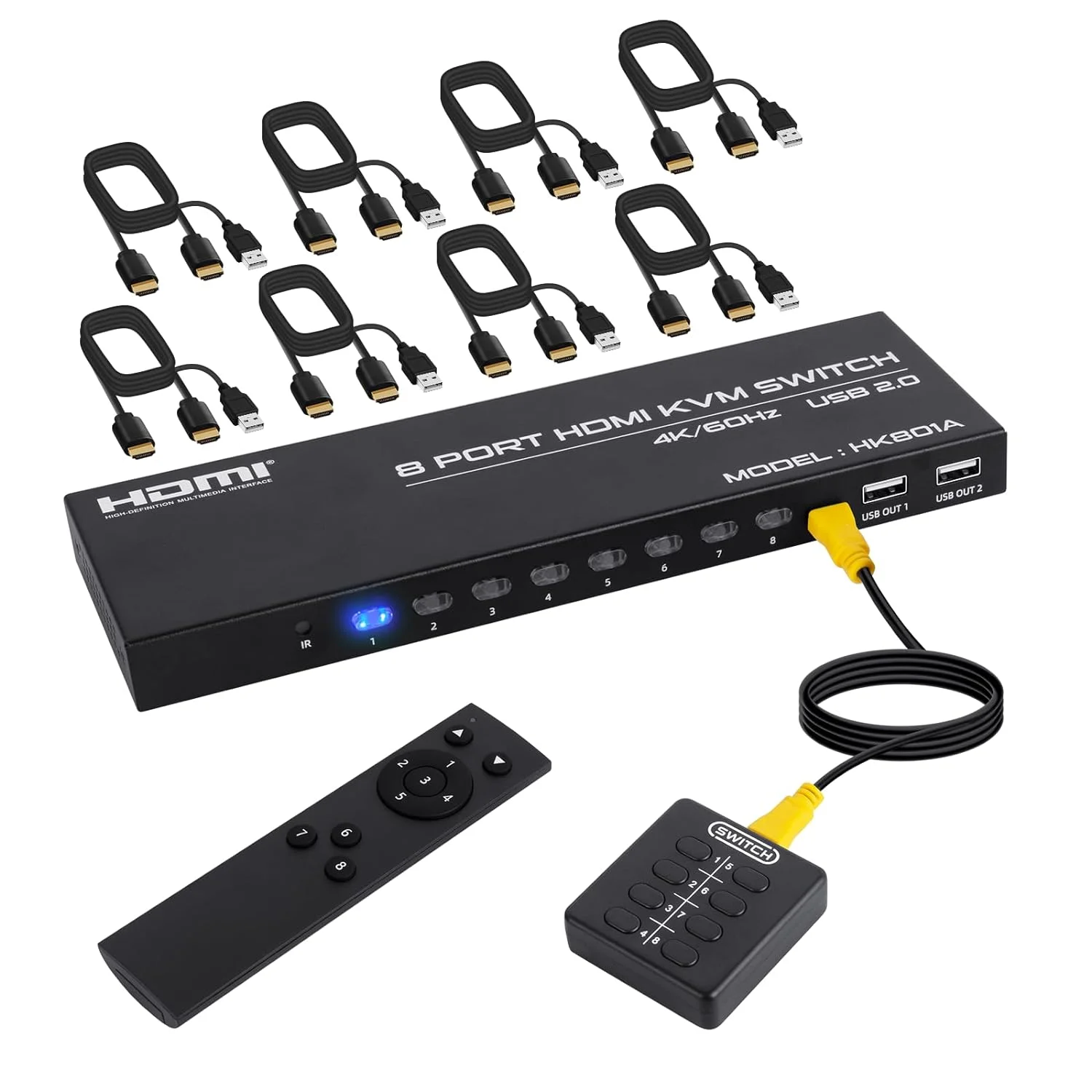 Fjgear HK801A USB2.0 Selector 8in 1out - 3840x2160p@60hz KVM Switch