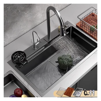 Handmade Kitchen Sink Single Bowl Waterfall Kitchen Sink 304 SUS Stainless Steel with 3- gear pulling faucet top Mount