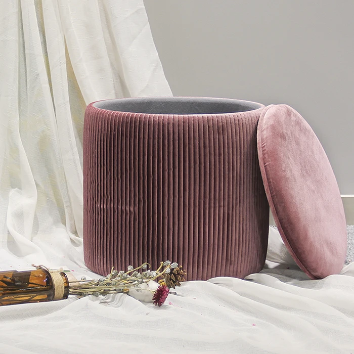 HStex Customize French Luxury Round Pleated Velvet pink Ottoman Sofa 2020 Hot Sale Chair with Storage Seat Footstool