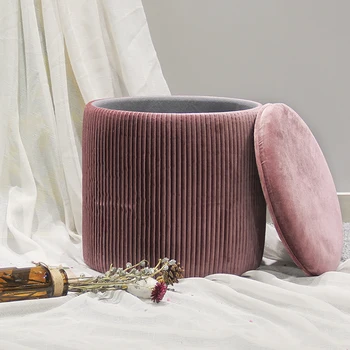 HStex Customize French Luxury Round Pleated Velvet pink Ottoman Sofa 2020 Hot Sale Chair with Storage Seat Footstool