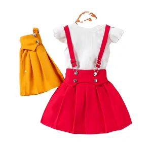 2026 Summer Children Clothes Casual Fly Sleeve Pit Strip Solid Color Tops Suspender Pleated Skirt Two Piece Set for Girls