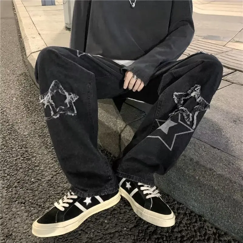 Vintage Star Men's Light Wash Baggy Jeans Mid Casual Korean Denim Pants Streetwear Printed Patchwork Y2K Male Straight Trousers