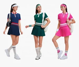Women's High Quality High Waist Workout Short-Sleeved Slim-Fit Polo Collar Golf Badminton Suit Two Piece Skirt for Tennis Wear