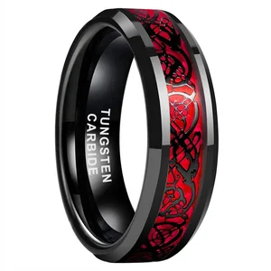 Coolstyle Jewelry 6mm Red Carbon Fiber Dragon Inlay Black Tungsten Ring for Men Women Trendy Engagement Wedding Band Comfort Fit
