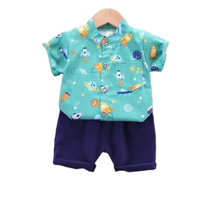 Wholesale Boys 2-Piece Solid Vintage Cotton/Polyester Rocket Spaceship Tracksuit Shorts Set