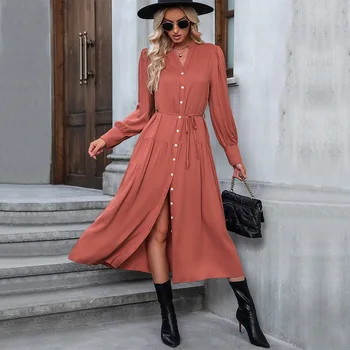 Amazon 2024 Spring New European and American Women's Long-sleeved Solid Color Versatile Dress lady girl clothing