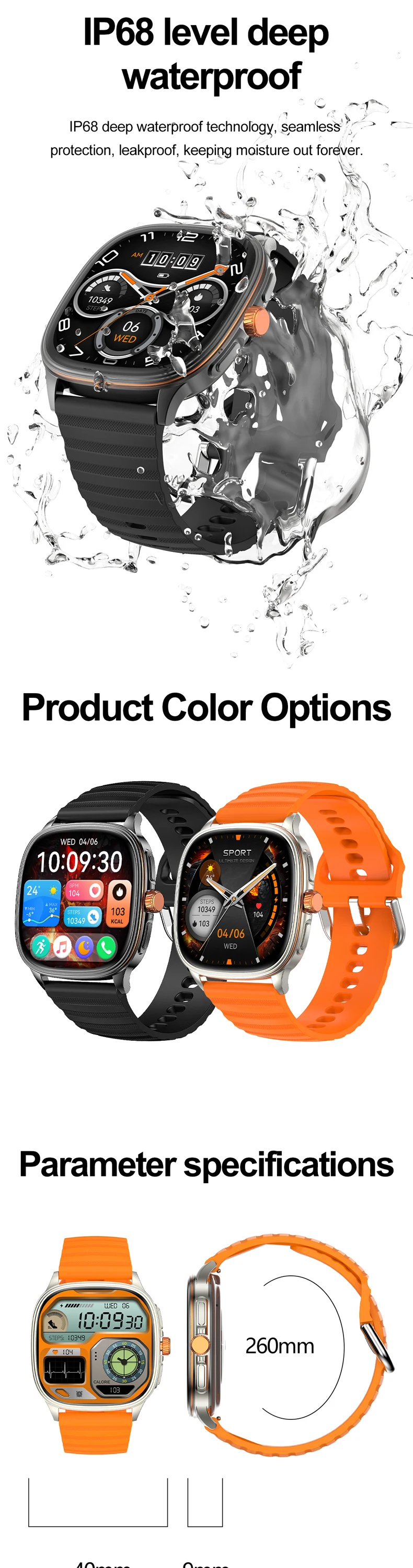 product hot design 2026 smart watch hk73 black orange ultra thin body 173inch amoled screen custom faces bt calling unisex smartwatch-15