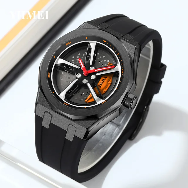 Custom Men Black Silicone Watch Luxury Luminous Rotating Dial Car Wheel Design Wrist Watch Mens Quartz Watches Cool yhmei