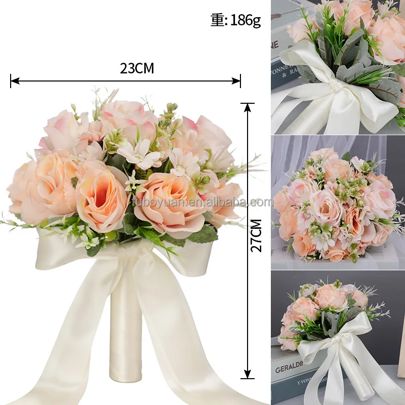 Acquista Bouquet da sposa da 32 cm con nastri di cristalli di perle, fiori di rosa artificiali per la sposa, damigelle, fiori finti artificiali, bouquet da lancio per la festa di nozze