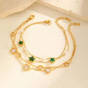 Fashion Double Layer Green Five-Pointed Star Zircon Bracelet Stainless Steel Chain Bracelets for Women