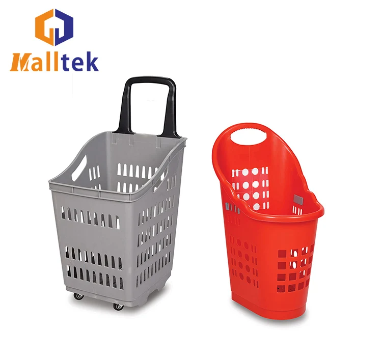 70 Liters Grocery Store Plastic Supermarket Rolling Basket With Wheels