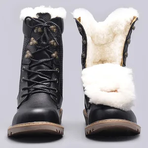 Motorcycle  Cowhide Boots Mens Fur Lining Winter  Fashion Wool Lining  Genuine Leather  Boot Zipper  Botas Hombre