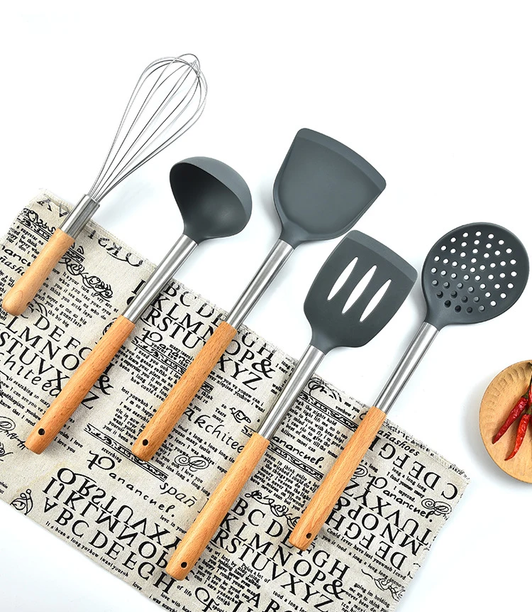 Beech Wood Silicone Kitchenware Set of 5 Including Spatula Utensil Holder Cookware-Food Safe Easy Use Kitchen Tools Manufacturer