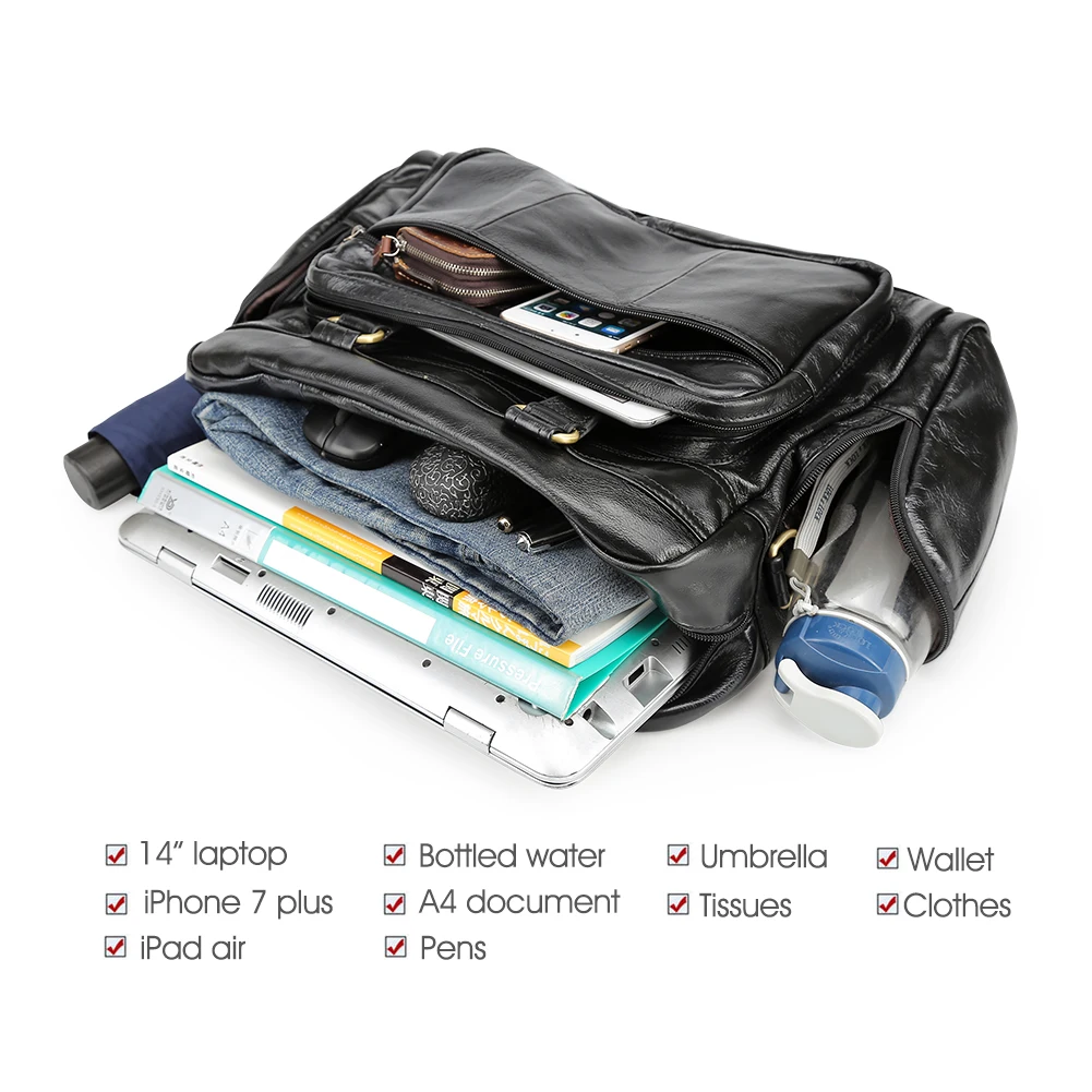 TIDING Factory Wholesale Custom Black Large Capacity Travel Tote Genuine Real Leather Laptop Briefcase Bag for Men