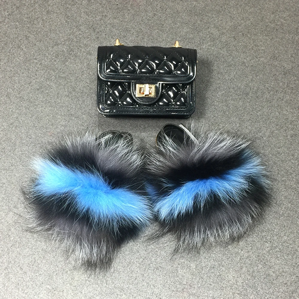 Красочные модные детские тапочки из натурального Лисьего меха, Набор сумок из желе и меха енота, кошельки, сумочки, детские меховые сланцы, оптовая продажа