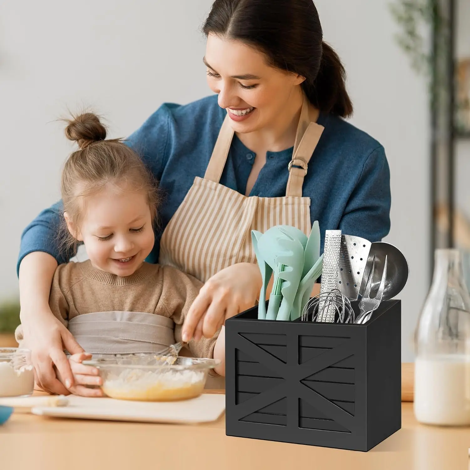 Wooden Cutlery Rack, Cutlery Storage Rack Black Cutlery Rack with 2 ...