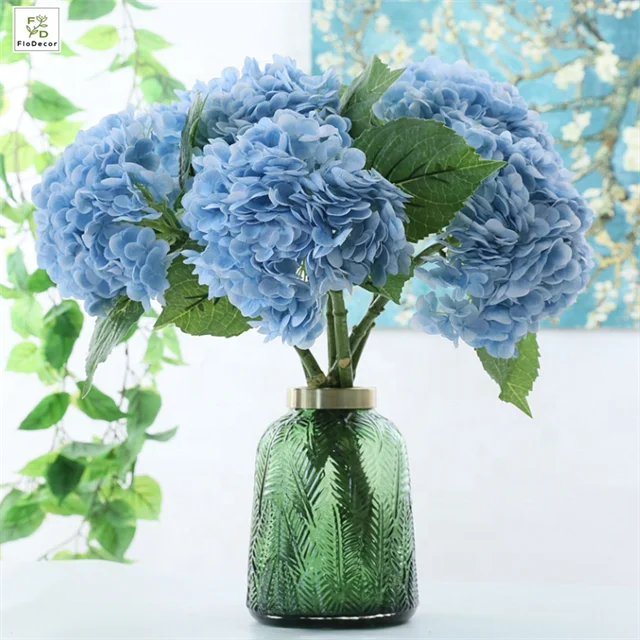 High Quality Artificial Real Touch Latex Hydrangea Flower Stem Large Head for Party Hotel Wedding Table Decorative Flowers Blue