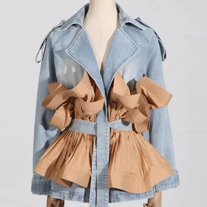 Customization Service Denim Trench Coat with Pleated Ruffle Accents
