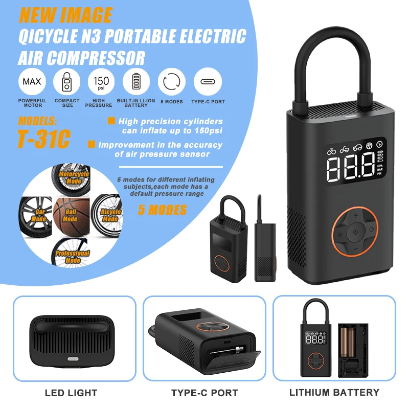 batch new image eu stock electric bike pump smart cycling hand fast inflation air compressor light bicycles pump for tire-7